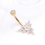 Detail View 2 of Implant Grade Titanium Golden Marquise Bloom Sparkle Flower Internally Threaded Belly Ring-Clear Gem