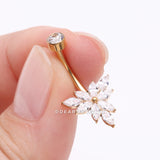 Detail View 3 of Implant Grade Titanium Golden Marquise Bloom Sparkle Flower Internally Threaded Belly Ring-Clear Gem