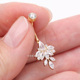 Detail View 3 of Implant Grade Titanium Golden Marquise Leaflet Sparkle Internally Threaded Belly Ring-Clear Gem