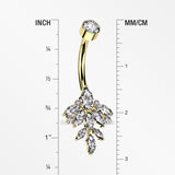 Detail View 1 of Implant Grade Titanium Golden Marquise Leaflet Sparkle Internally Threaded Belly Ring-Clear Gem