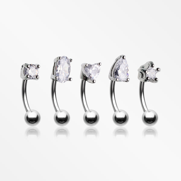 5 Pcs Pack of Assorted Gemstone Prong Set Top Steel Curved Barbells-Clear Gem