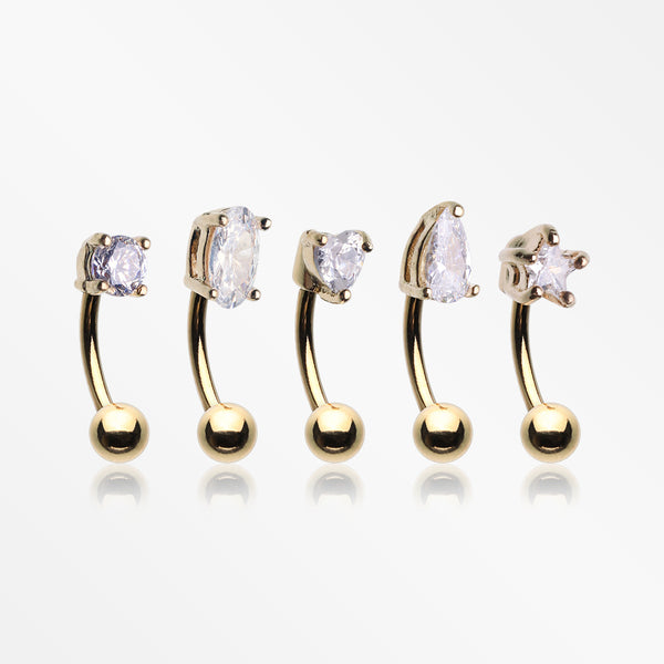 5 Pcs Pack of Assorted Gemstone Prong Set Top Golden Curved Barbells-Clear Gem