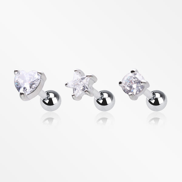 3 Pcs of Assorted Design Sparkle Gems Cartilage Tragus Barbell Earring Package-Clear Gem