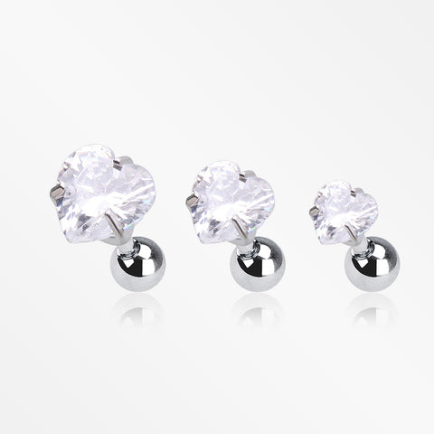 3 Pcs of Assorted Size Heart Sparkle Gems Cartilage Tragus Barbell Earring Package-Clear Gem