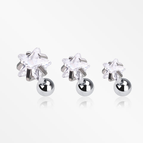 3 Pcs of Assorted Size Star Sparkle Gems Cartilage Tragus Barbell Earring Package-Clear Gem
