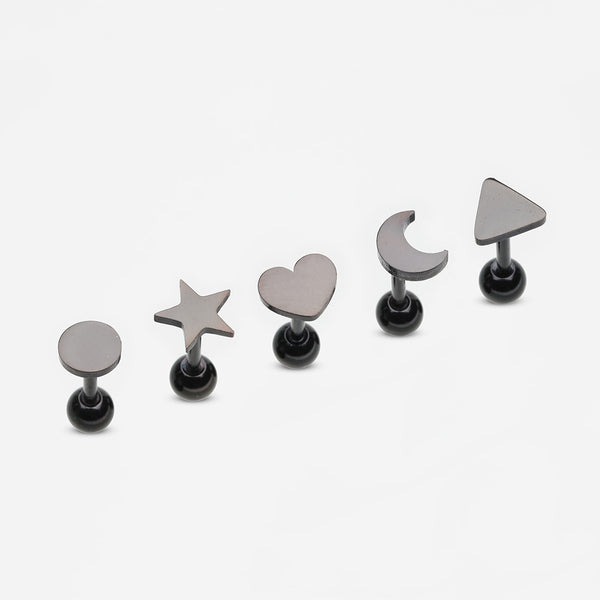 5 Pcs Pack of Blackline Assorted Shapes Cartilage Tragus Barbell Earrings