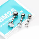 3 Pcs Pack of Assorted Prong Set Gems Cartilage Tragus Barbell Earrings-Clear Gem