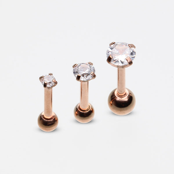 3 Pcs Pack of Rose Gold Assorted Prong Set Gems Cartilage Tragus Barbell Earrings-Clear Gem