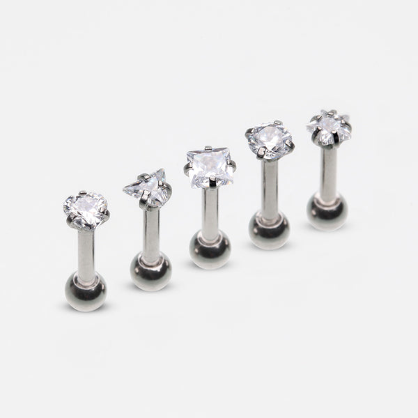 5 Pcs Pack of Assorted Prong Set Gem Shapes Cartilage Tragus Barbell Earrings-Clear Gem