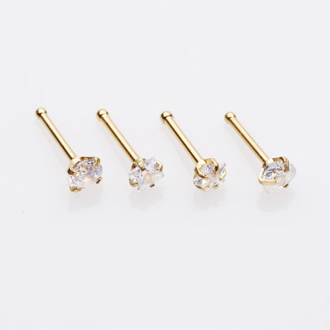 5 Pcs Pack of Assorted Gemstone Prong Set Top Golden Nose Stud Rings-Clear Gem