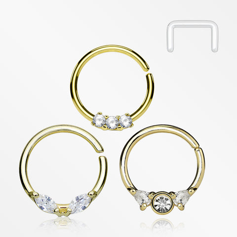 3 Pcs of Assorted Golden Dainty Gem Bendable Hoop Ring with Clear Retainer Package-Clear Gem