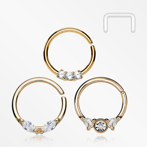 3 Pcs of Assorted Rose Gold Dainty Gem Bendable Hoop Ring with Clear Retainer Package-Clear Gem