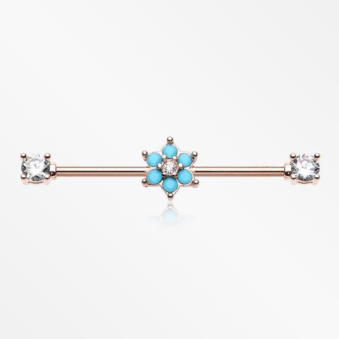 Rose Gold Turquoise Spring Flower Sparkle Prong Industrial Barbell-Clear/Turquoise