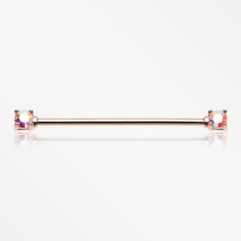 Rose Gold Brilliant Sparkle Gem Prong Set Industrial Barbell-Aurora Borealis