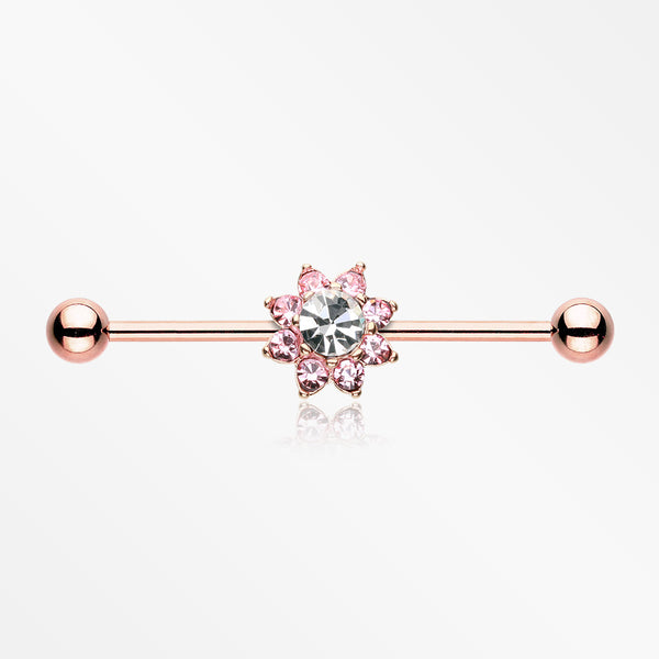 Rose Gold Luscious Flower Industrial Barbell-Clear/Pink