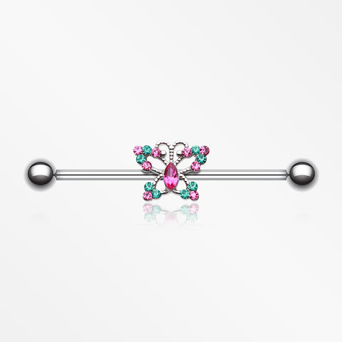 Glam Butterfly Sparkle Industrial Barbell-Teal/Fuchsia