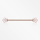 Rose Gold Plumeria Flower Sparkle Industrial Barbell-White/Clear