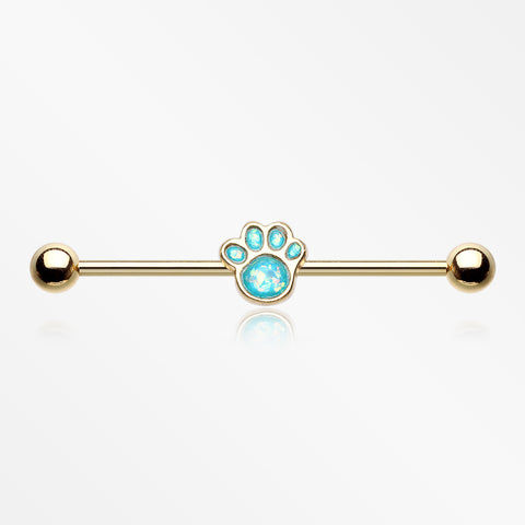 Golden Adorable Paw Print Opalescent Sparkle Industrial Barbell-Teal