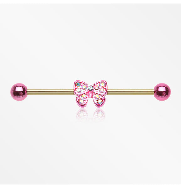 Golden Dainty Pink Bow-Tie Sparkle Industrial Barbell-Pink/Aurora Borealis/Aqua