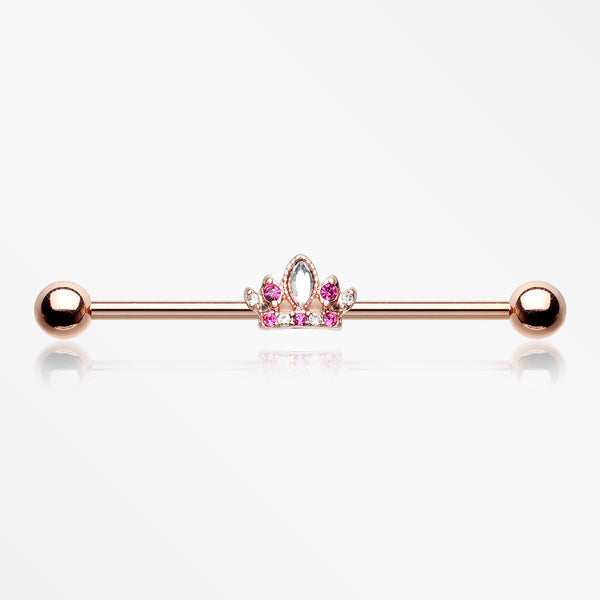 Rose Gold Tiara Crown Sparkle Industrial Barbell-Clear/Fuchsia