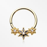Golden Elegant Onyx Lily Flower Sparkle Bendable Twist Hoop Ring-Clear
