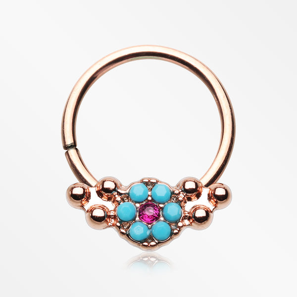 Rose Gold Vintage Boho Turquoise Floral Sparkle Twist Hoop Ring-Turquoise/Fuchsia