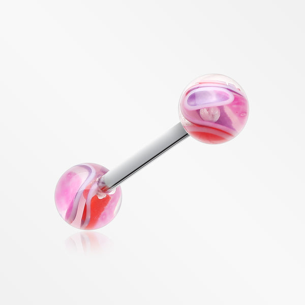 Marble Swirl Acrylic Top Barbell Tongue Ring-Pink/Purple