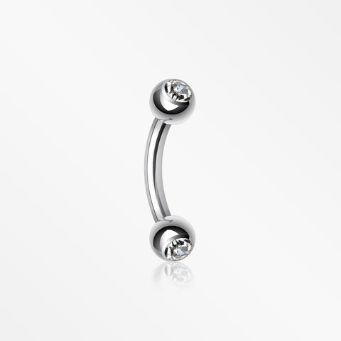 Double Gem Ball Curved Barbell Eyebrow Ring-Clear Gem
