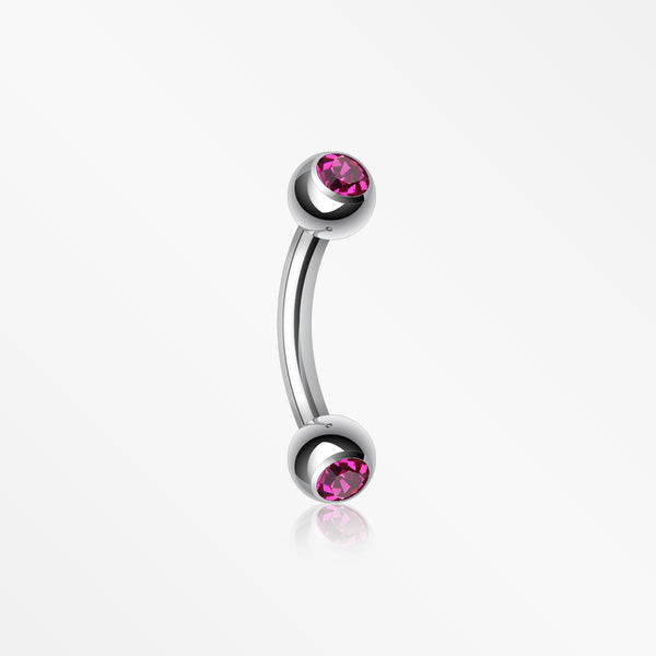 Double Gem Ball Curved Barbell Eyebrow Ring-Fuchsia