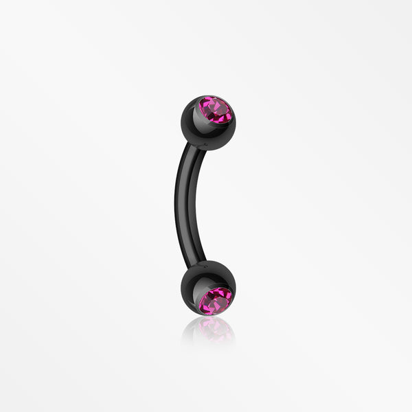 Colorline PVD Double Gem Ball Curved Barbell Eyebrow Ring-Black/Fuchsia