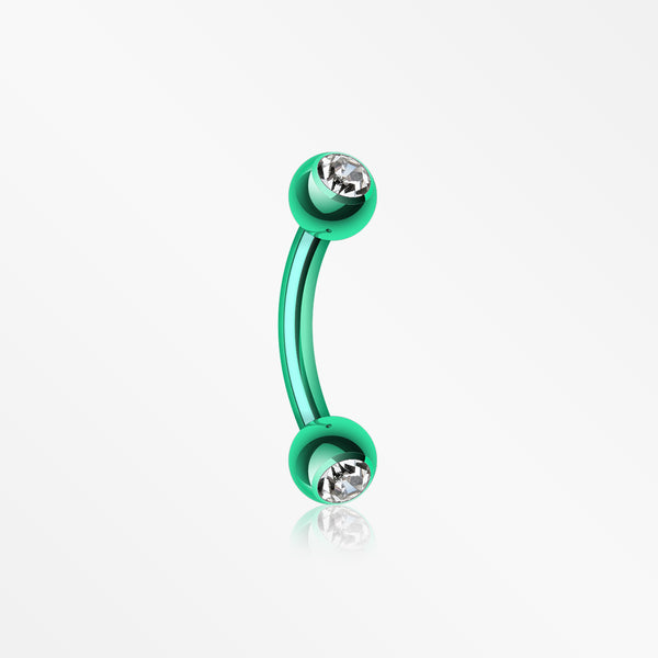 Colorline PVD Double Gem Ball Curved Barbell Eyebrow Ring-Green/Clear