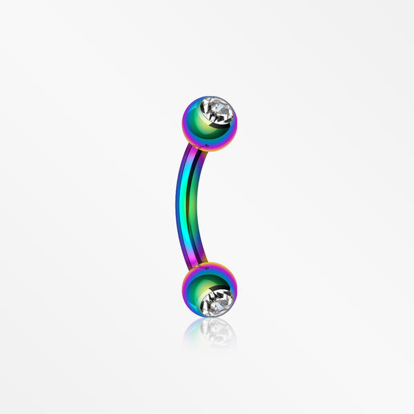 Colorline PVD Double Gem Ball Curved Barbell Eyebrow Ring-Rainbow/Clear