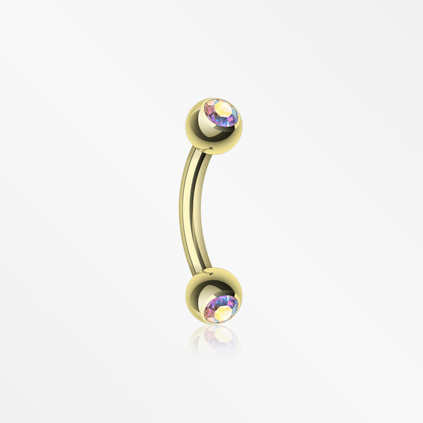 Gold Plated Double Gem Ball Curved Barbell Eyebrow Ring-Aurora Borealis