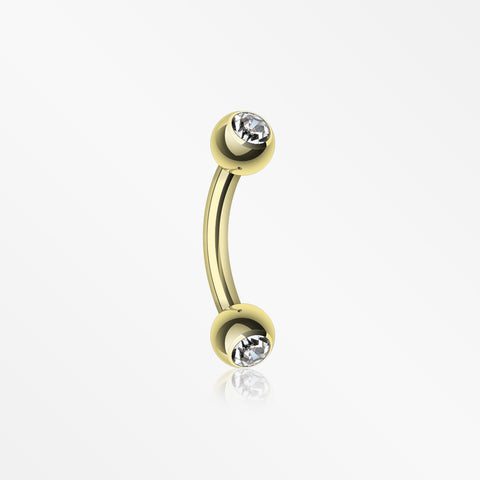 Gold Plated Double Gem Ball Curved Barbell Eyebrow Ring-Clear Gem