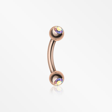 Rose Gold Gem Ball Curved Barbell Eyebrow Ring-Aurora Borealis