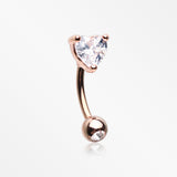 Rose Gold Heart Gem Sparkle Prong Curved Barbell-Clear