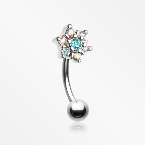 Brilliant Sparkle Spring Flower Eyebrow Curved Barbell Ring-Aurora Borealis/Teal