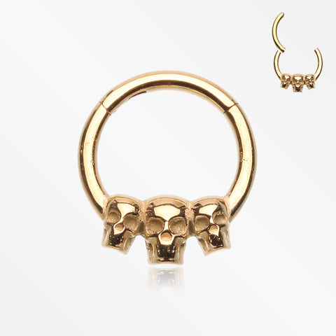 Golden Triple Death Skull Seamless Clicker Hoop Ring