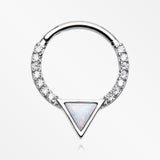 Fire Opal Triangle Multi-Gem Sparkle Rim Seamless Clicker Hoop Ring-Clear Gem/White Opal
