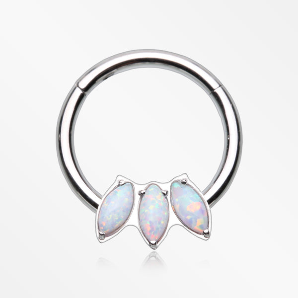 Triple Marquise Fire Opal Sparkle Seamless Clicker Hoop Ring-White Opal