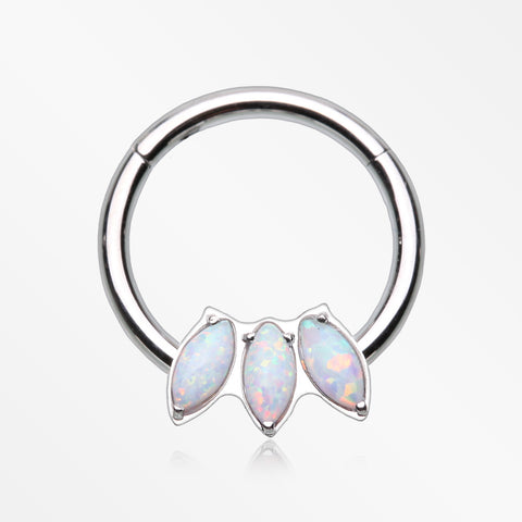 Triple Marquise Fire Opal Sparkle Seamless Clicker Hoop Ring-White Opal