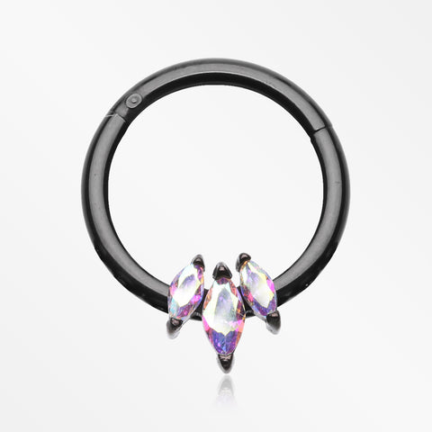 Triple Marquise Multi-Gem Sparkle Seamless Clicker Hoop Ring-Black/Aurora Borealis