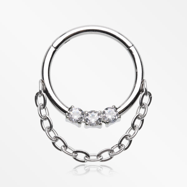 Chained Classic 3 Gem Sparkle Clicker Hoop Ring-Clear Gem
