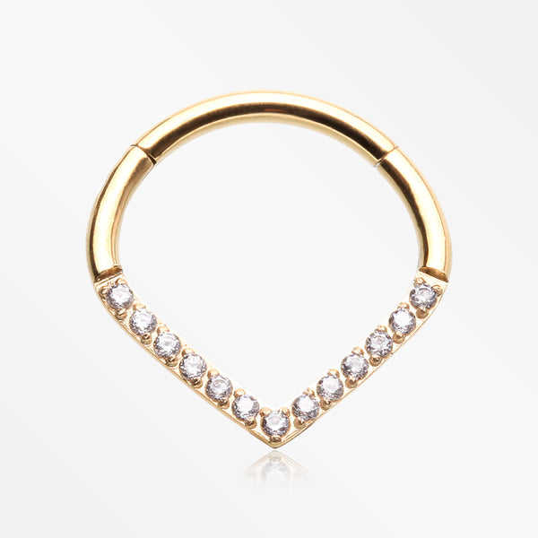 Golden Brilliant Sparkle Chevron Seamless Clicker Hoop Ring-Clear Gem