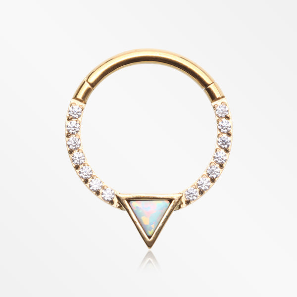 Golden Fire Opal Triangle Multi-Gem Sparkle Rim Seamless Clicker Hoop Ring-Clear Gem/White Opal