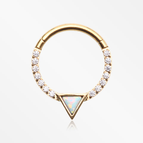 Golden Fire Opal Triangle Multi-Gem Sparkle Rim Seamless Clicker Hoop Ring-Clear Gem/White Opal