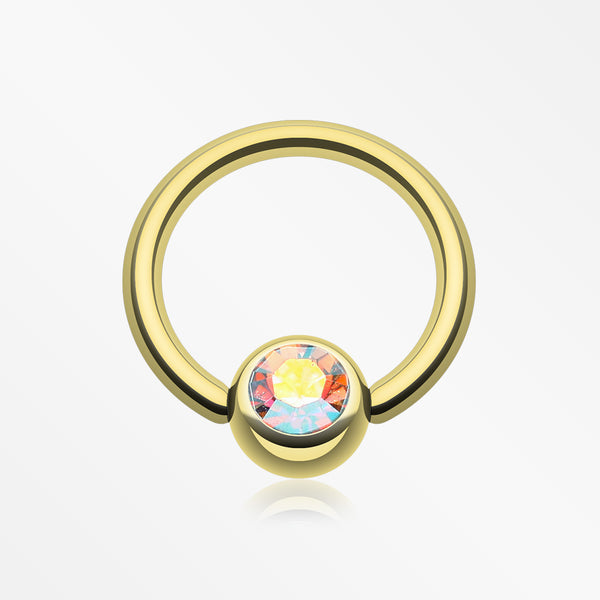 Gold Plated Gem Ball Captive Bead Ring-Aurora Borealis
