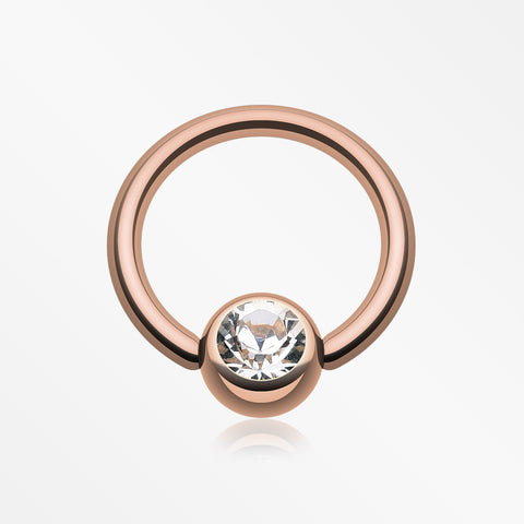 Rose Gold Plated Gem Ball Captive Bead Ring-Clear Gem
