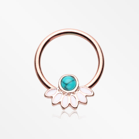 Rose Gold Tribal Turquoise Floral Elegance Steel Captive Bead Ring-White/Turquoise
