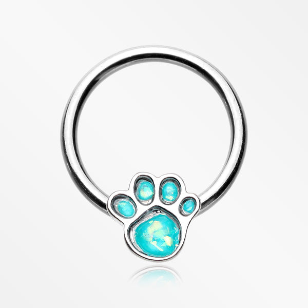 Adorable Paw Print Opalescent Sparkle Captive Bead Ring-Teal